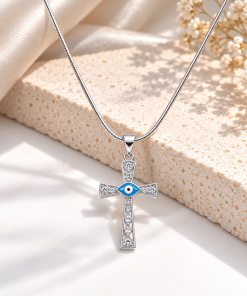 Alternative view of Necklace - cross w/ evileye gold or silver 18" chain
