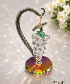 Crystal Figure- Hanging grapes over round base on gold chain with green leaves ( 2" X 4" )