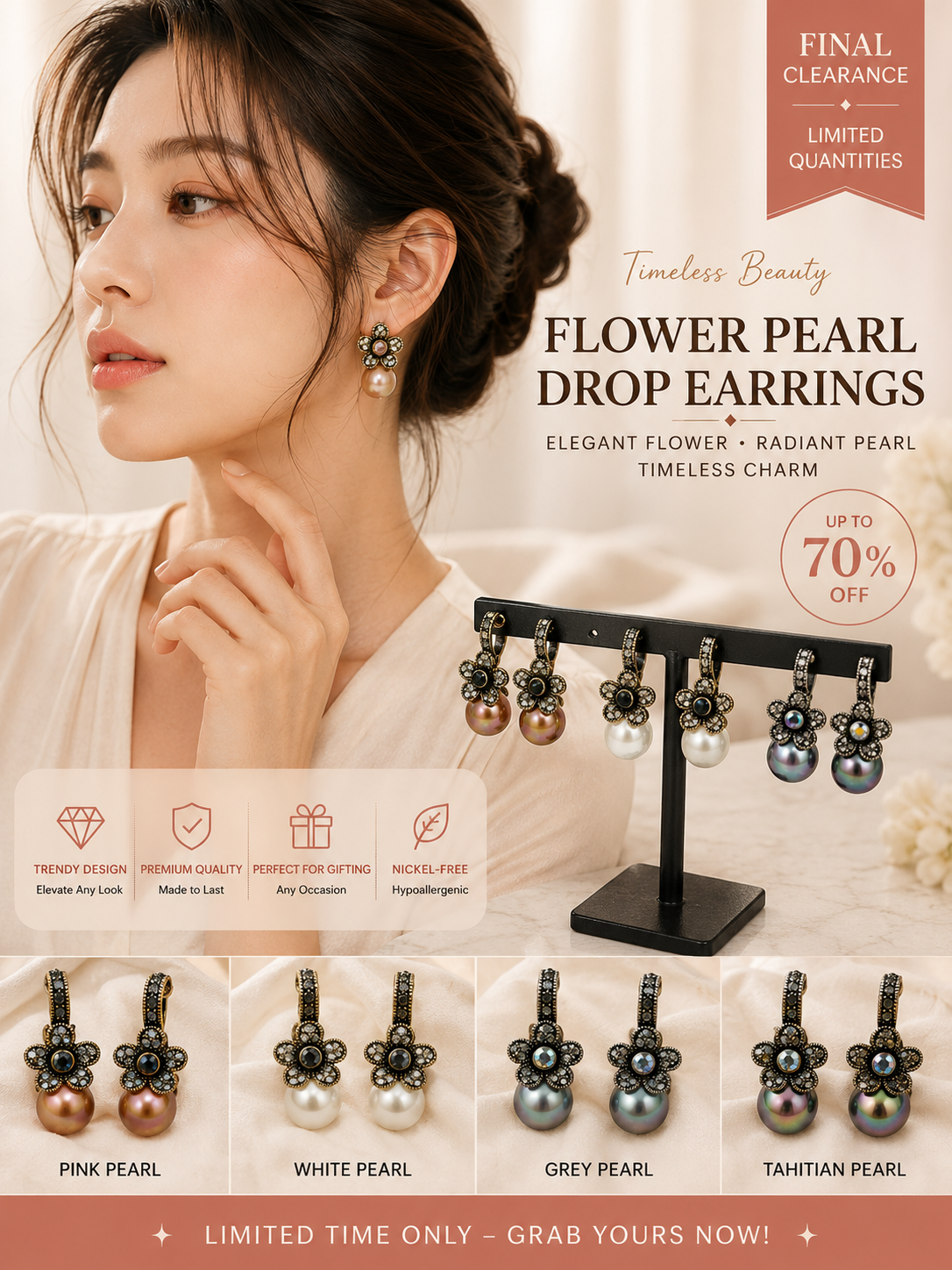 Earring- Rhinestone flower with large center stone in middle with pearl underneath (colour options)