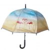 Flamingos on Beach Background print, clear umbrella