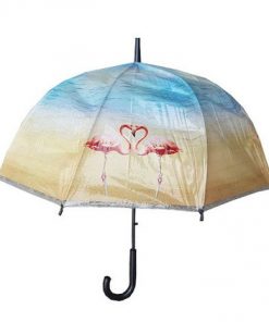 Flamingos on Beach Background print, clear umbrella