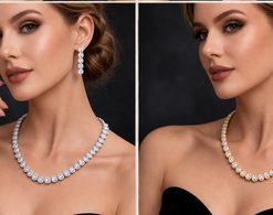 Crystal zirconia set with earrings and necklace 17” platinum plated
