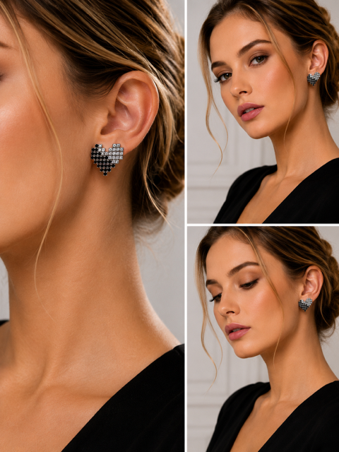Clip earrings- Silver and black hearts
