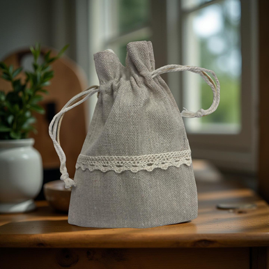 Beige linen fabric Natural pouch 12 pcs