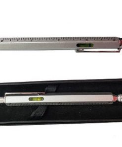 Metal pen format (no ink) with ruler / level, tire gauge, stylus and small screwdriver