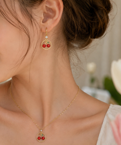Cherry Enamel Necklace & Earrings