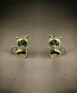 Stud Earring - Cat gold crystal green eye