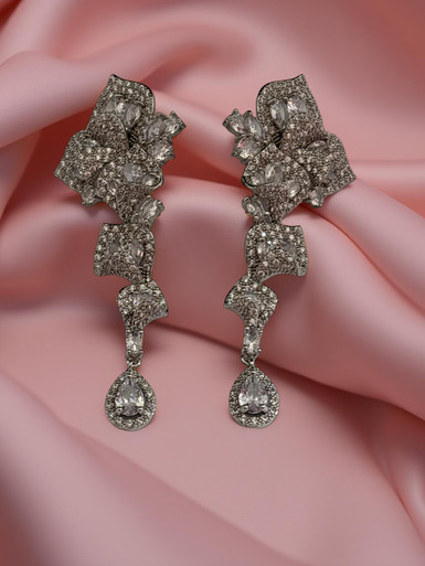 Cubic zirconia earring sterling silver post big flower dangling more