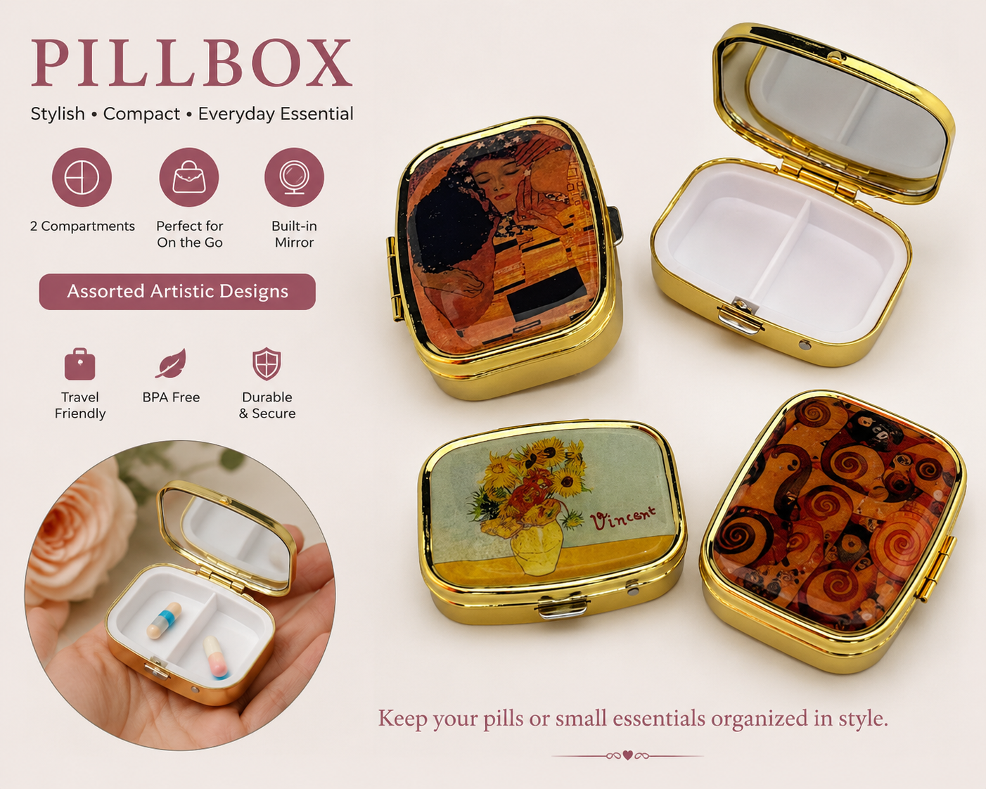 Art Collection Pill Box with Mirror