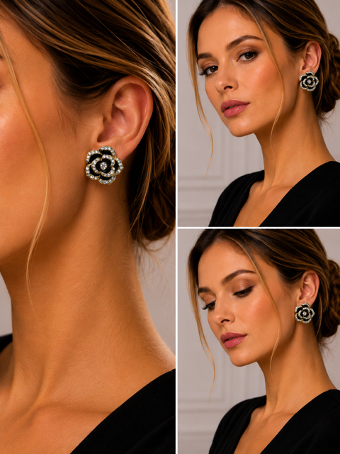Clip earring - Large flower with rhinestones (colour options) - Image 2