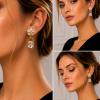 Clip earrings- Flower studs , hanging gold tear drops