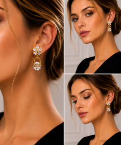Clip earrings- Flower studs , hanging gold tear drops