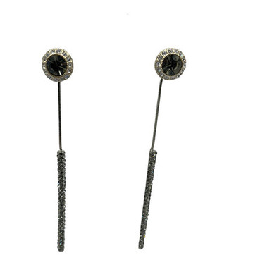 Earring-Black stone with rhinestones around and hanging rhinestone bar