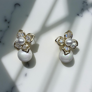Earring- Crystal flower stud with pearl center and pearl underneath ( colour options) Min 2 pcs each , sterling silver post
