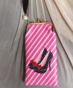 Glasses case- Pink stripped background with polka dot high heels, pink background