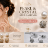 Earring- White pearl stud with rhinestone ball