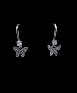 Earrings-Hanging hearts with hanging rhinestone butterflies