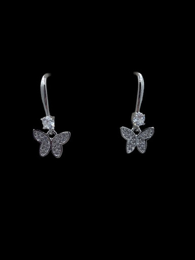 Earrings-Hanging hearts with hanging rhinestone butterflies
