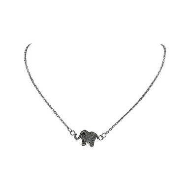 Necklace- Small flat silver rhinestone elephant on with extension , 16"