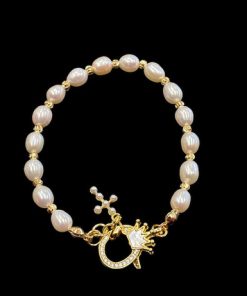 Naturally pearl bracelet clip with crown hanging cross