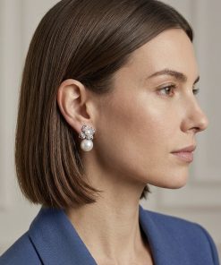 Alternative view of Earring- Crystal flower stud with pearl center and pearl underneath ( colour options) Min 2 pcs each , sterling silver post