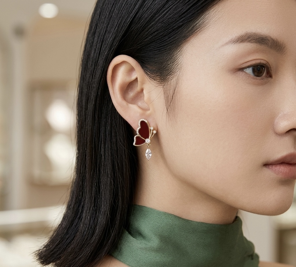 Earring Butterfly CZ and Red Tone
