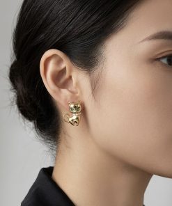 Stud Earring - Cat gold crystal green eye