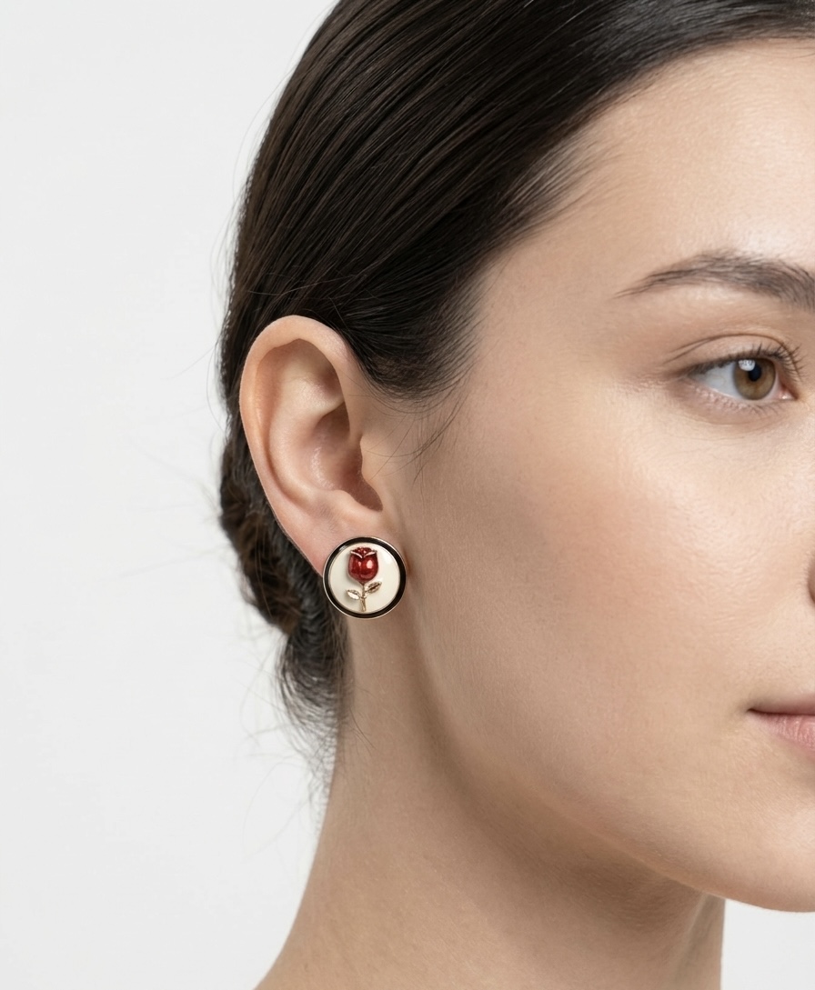 Earring white shell pearl base gold plated elegant look- red rose