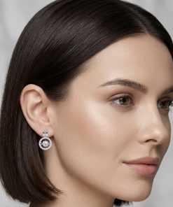 Earring- Hanging round rhinestone studs with crystal in middle, silver posts