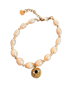 Vintage Peach Pearls Bracelet with Charm Evil Eye