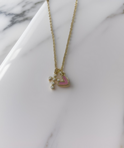 Necklace gold heart and pink heart 14"