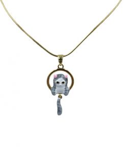 Necklace- Cat in gold circle tail move around silver chain