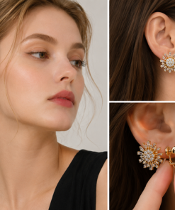 Clip earrings, crystal flowers