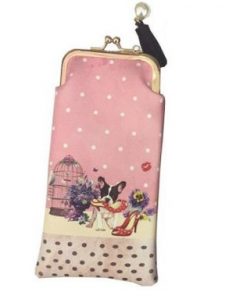 Glasses Case- French bull dog biting shoe with flowers and bird cage on pink polka dot background