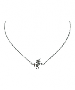Necklace- Small flat silver rhinestone unicorn on titanium chain with extension , 16"