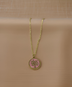 Necklace-Tree of life charm on solid colour background with gold outline on gold chain ( colour options )
