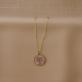 Necklace-Tree of life charm on solid colour background with gold outline on gold chain ( colour options )