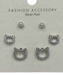 Earring Stud Cat 3 pairs Color Silver