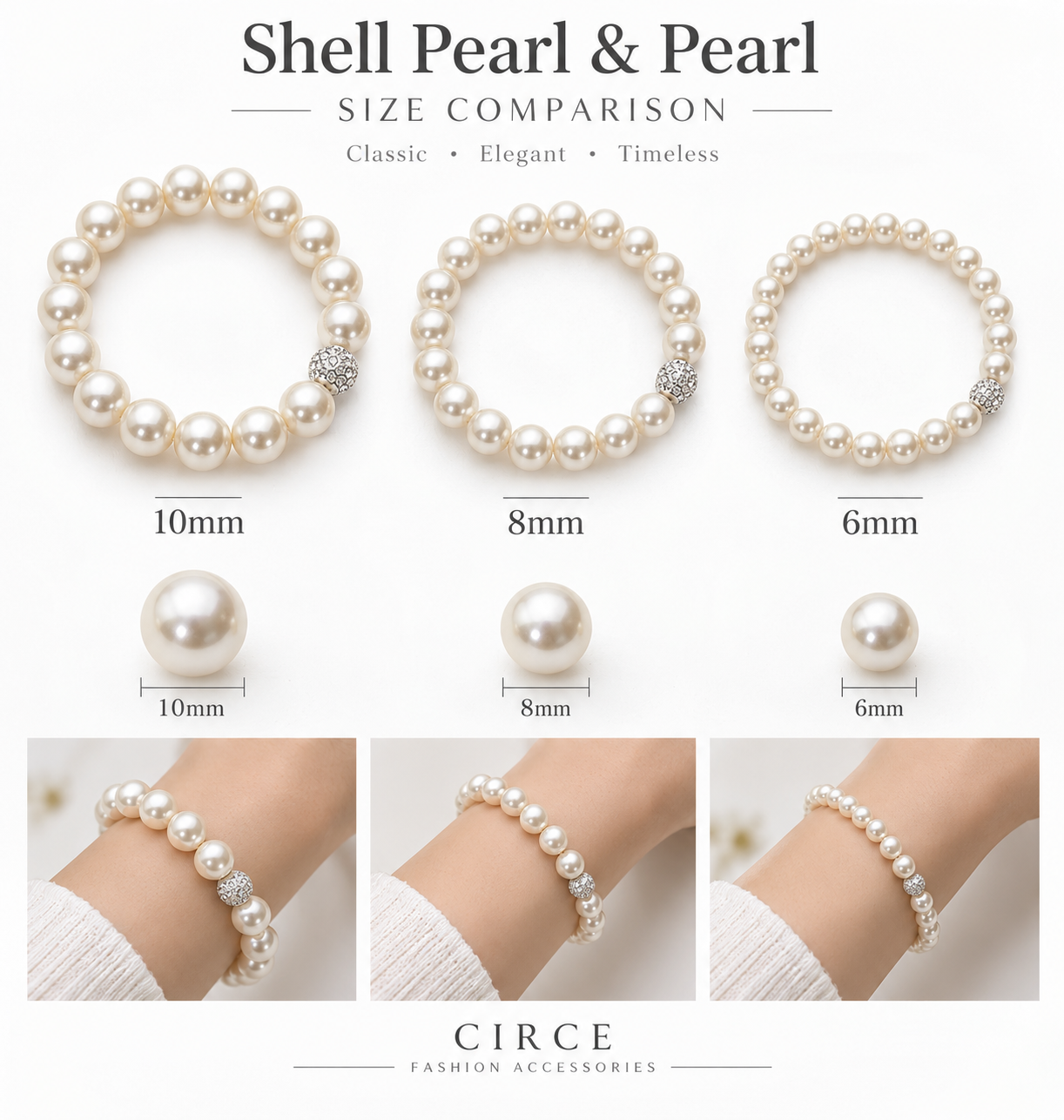 Ivory Shell pearl Stretch Bracelet- Shamballa Accent