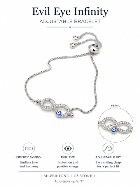 Bracelet-evil eye on infinity pull cord gold or silver