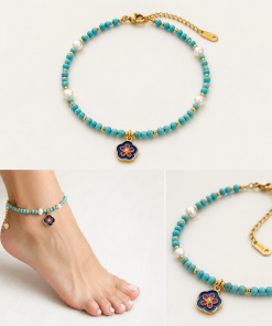 Anklet  3 charm Turquoise Stone stainless Steel Chain