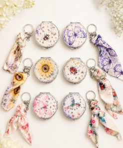 Floral Compact Mirror Keychain with Ribbon Charm