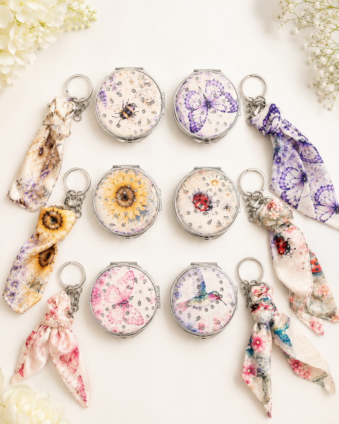 Floral Compact Mirror Keychain with Ribbon Charm
