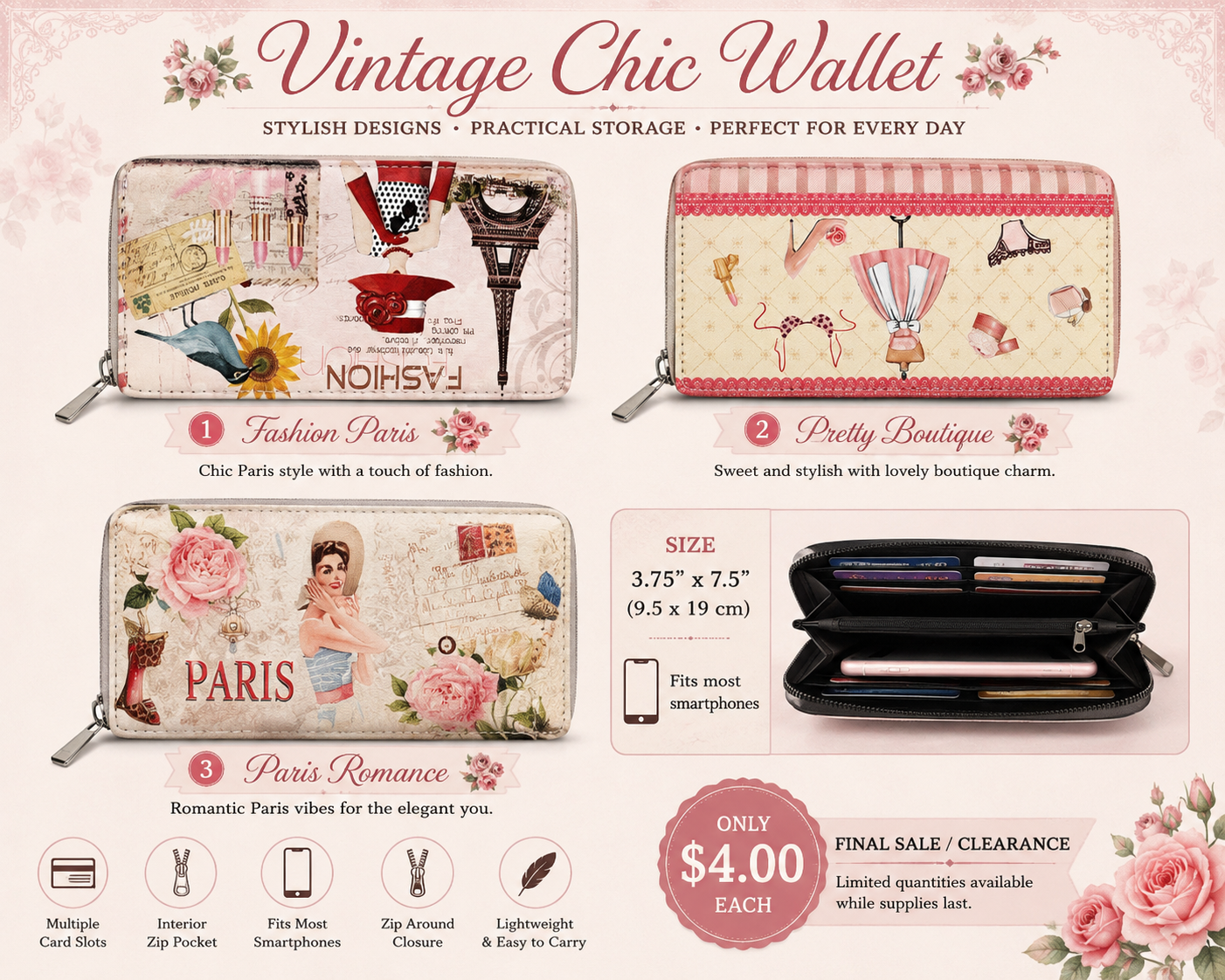 Vintage Chic Zip Around Wallet