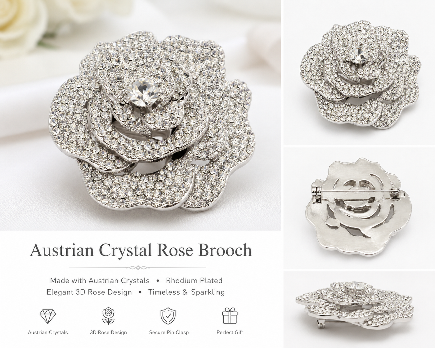 Austrian Crystal Rose Brooch
