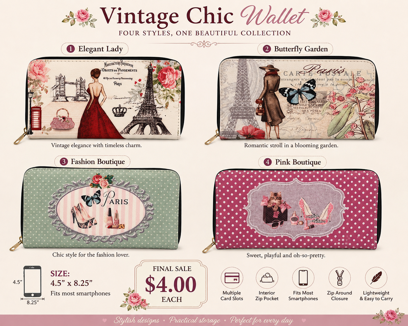 Vintage Paris Zip Around Wallet