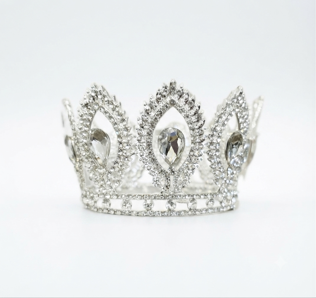 Hair Crown - Medium crown with pointy rhinestone ovals around with large tear drop stones in middle (9.5cm, Silver)