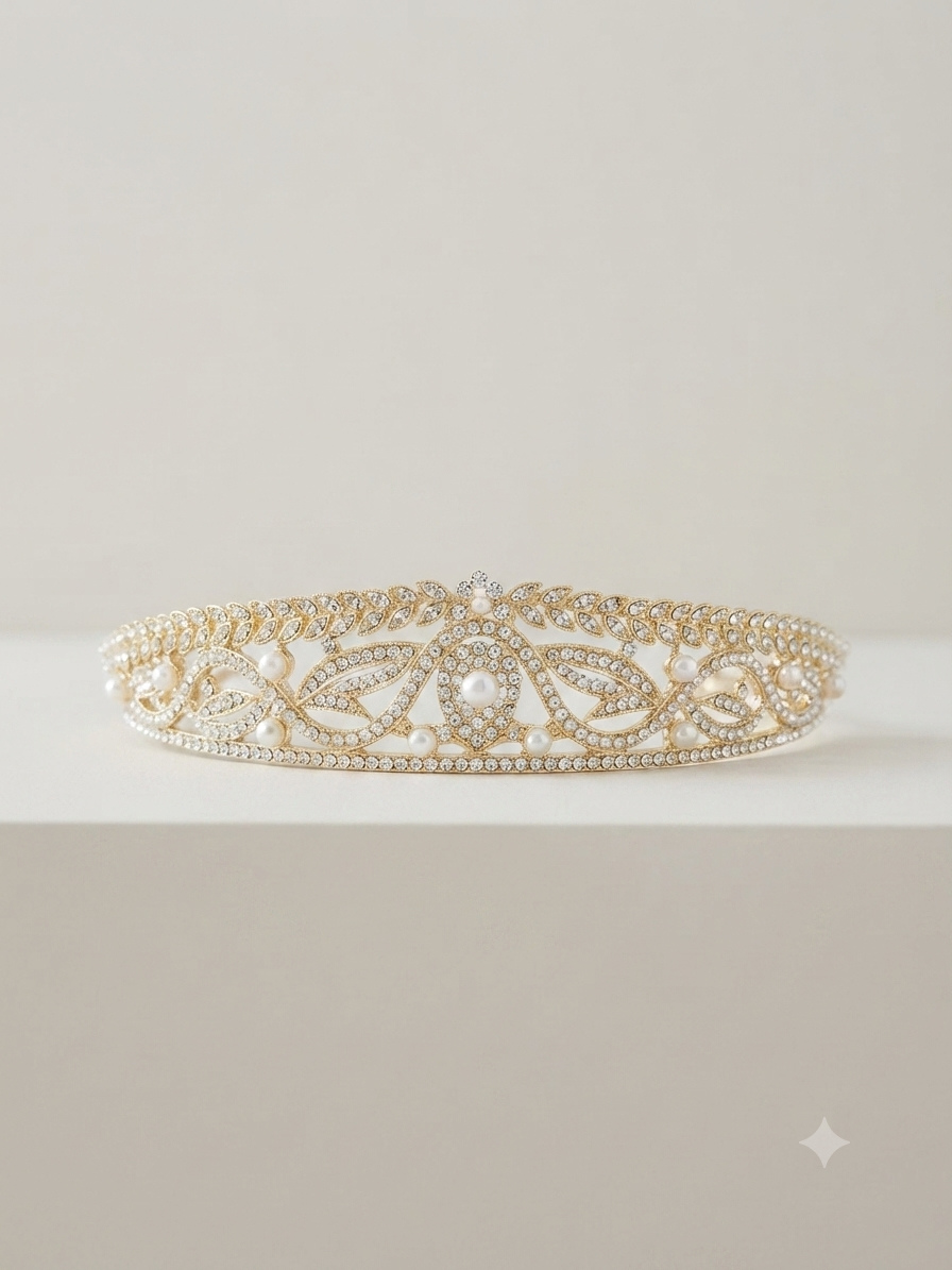 Hair tiara- pearl wave with rhinestone leaves, silver