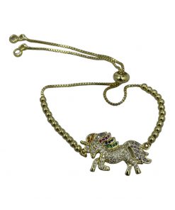 Bracelet- Rhinestone Unicorn with colourful hair and tail on pull cord bracelet