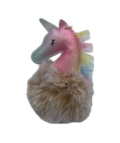 Keychain- Sparkly rainbow unicorn head on pom pom (colour options)